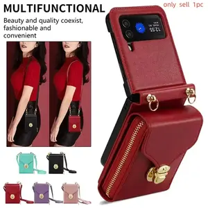 Lanyard Leather Zipper Wallet Card Slot Phone Case for Samsung Galaxy Z Flip 6 5 4 3 Lanyard Purse Bag Flip Stand Cover Back Bag