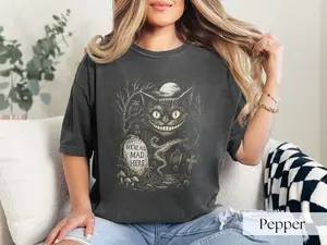 [Sale up to 50%] Gothic Cheshire Cat Shirt, Were All Mad Here Creepy Wonderland Graveyard Tee, Horror Alice T-Shirt, Dark Fantasy Feline Top, Surreal Shirt
