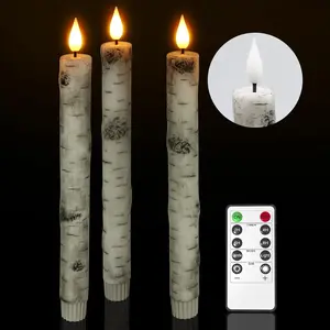 Flameless Taper Candles with Remote Timer, Pack of 3 Birch Bark Real Wax  Operated Candlesticks, 9.6 Inches LED Flickering Window Candles for  Wedding Christmas Decor