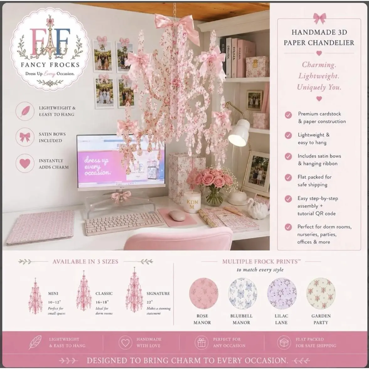 Fancy Frocks Chandelier Collection - 3D Dimensional Paper Chandelier Lightweight & Easy to Hang, Perfect for Classrooms & Parties
