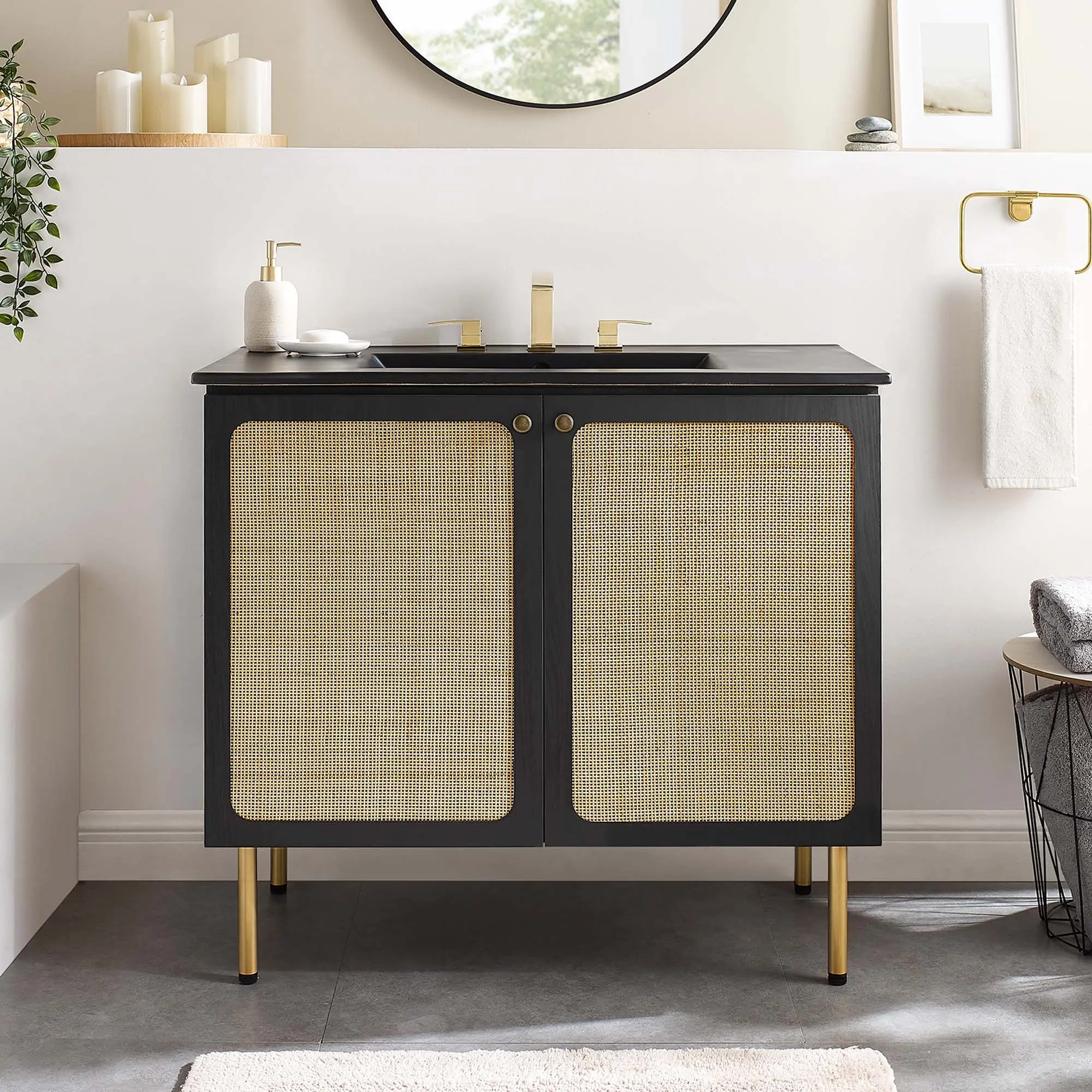 Chaucer 36 In Black Rattan Cabinet Bathroom Vanity - Cabinet Knobs, Adjustable Shelf, Modern Bathroom Furniture, Ample Storage Space, 99 lbs Fixture