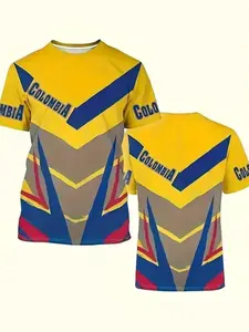 Men's National Team Football Jersey, Colombia Flag Pattern T-Shirt, Fashion 3D Print Loose Round Neck Short Sleeve Sport Top, Stylish Jersey