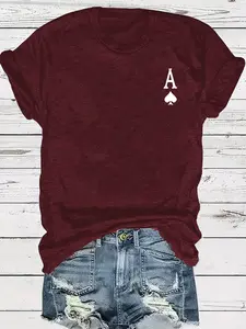 Women's Dual-Sided Print Round Neck T-Shirt, Diamond Poker Pattern, Casual Trendy Casino Theme Top, Soft Lightweight Shirt