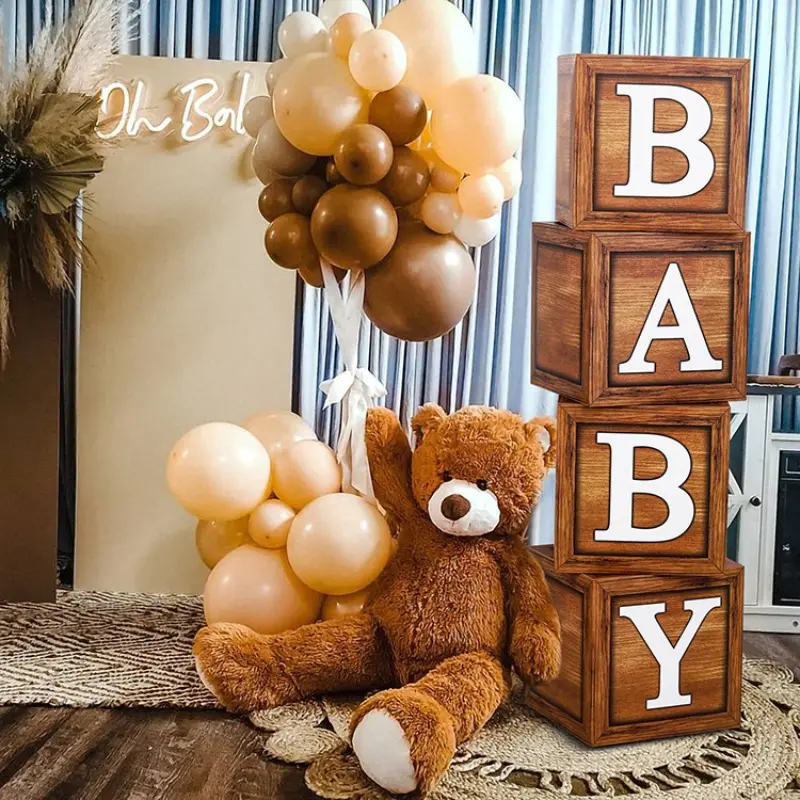 Wooden Balloon Boxes Set of 3, Neutral Gender Reveal Baby Block Background, Perfect for Birthday Parties, Balloon Party Supplies