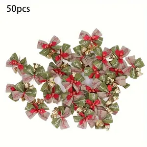 50pcs Christmas Bell Bowknots, Ribbon Decorations, Gift Box, Christmas Tree, Wedding Party Hanging Decor, Handmade Craft Supplies