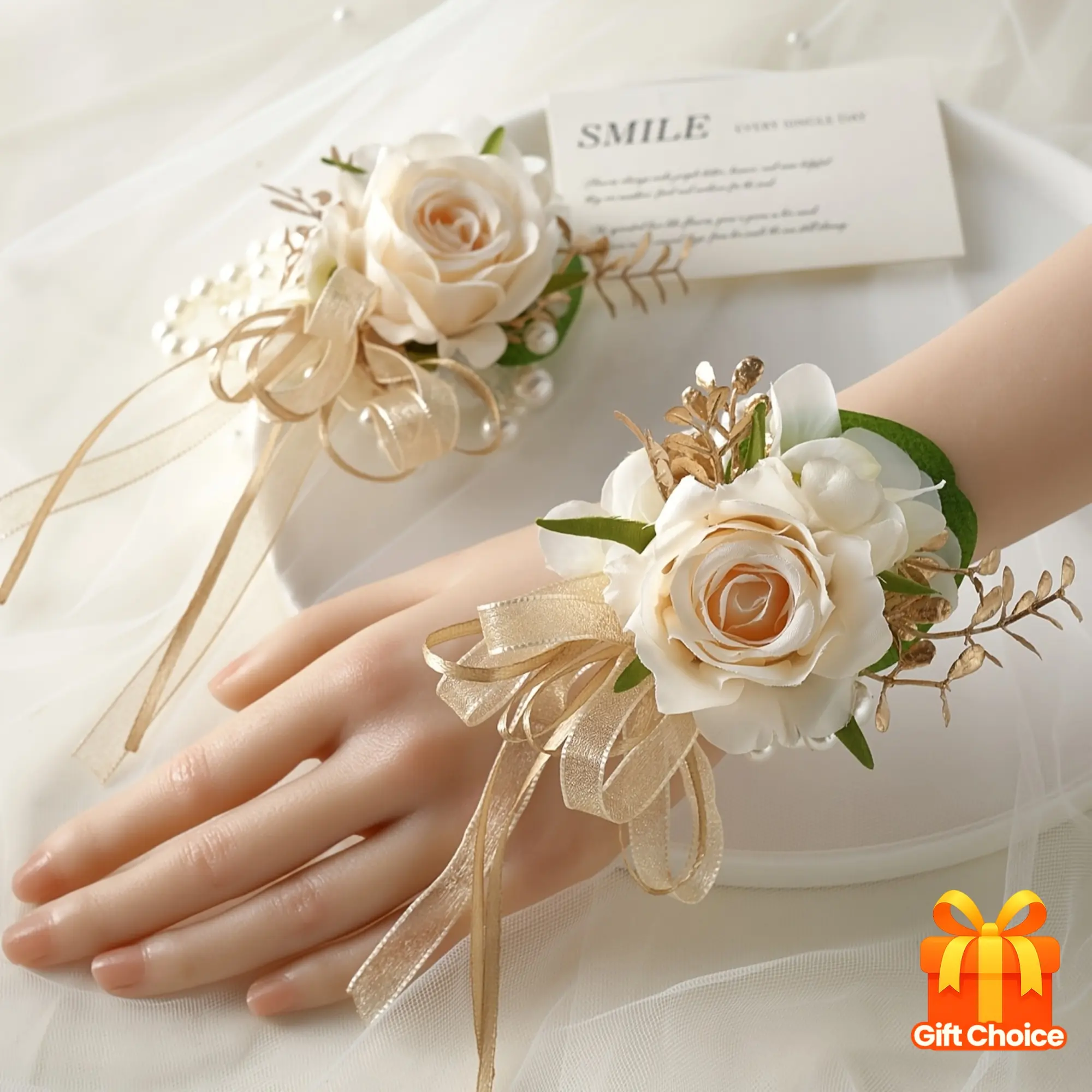 2-Piece Corsage and Boutonniere Set, Elegant Artificial Champagne Rose Flowers with Gold Leaf, All-Season Wedding Gift Choice for Brides and Grooms, Corsage Pair, All Seasons, Unisex Set