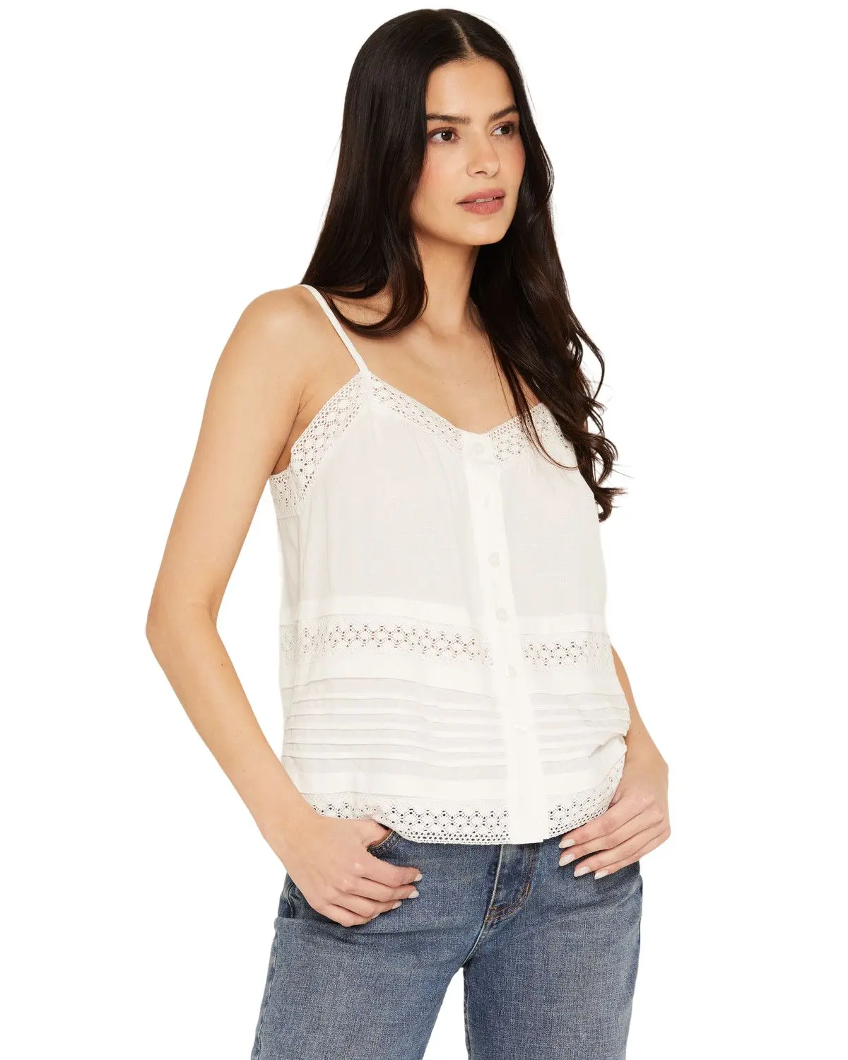 Shyanne Women's Women'S Lace Trim Pin Tuck Button-Front Cami - Swsu26w9-Wht