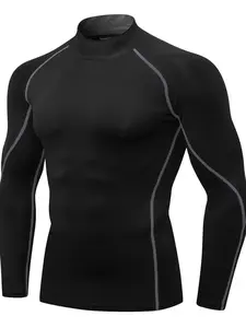 Men's Mock Neck Compression Sports Tee, Long Sleeve Tight Athletic Top, Men's Sportswear Clothing For Workout Gym Running Cycling, Gym Sweatwear, Minimalist Compression Tops, Gym Athletic Clothes, Athletic Compression Shirts