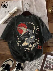 Men's Japanese Koi Fish & Sakura Print Washed T-Shirt, Menswear, Cultural, Traditional, Loose Fit Casual Ukiyo-E Style, Sun Element, Streetwear & Daily Wear