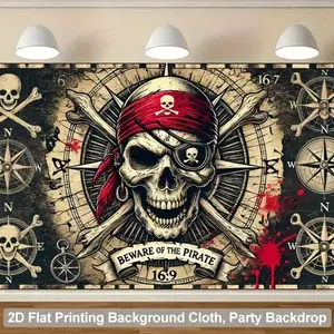 1pc 2D Flat [Vintage Nautical Pirate Decor] Vintage Nautical Pirate Skull and Wall background cloth - Polyester Fabric with Compass Skeletons and Red Splatter Design - Perfect Holiday Gift for Liv