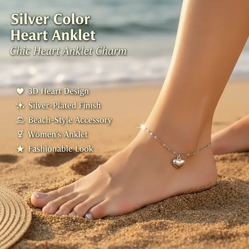 S925 Sterling Silver Anklet with 3D Heart Charm for Women, Fashionable and Versatile Beachwear Jewelry, Lightweight, Heart Anklets