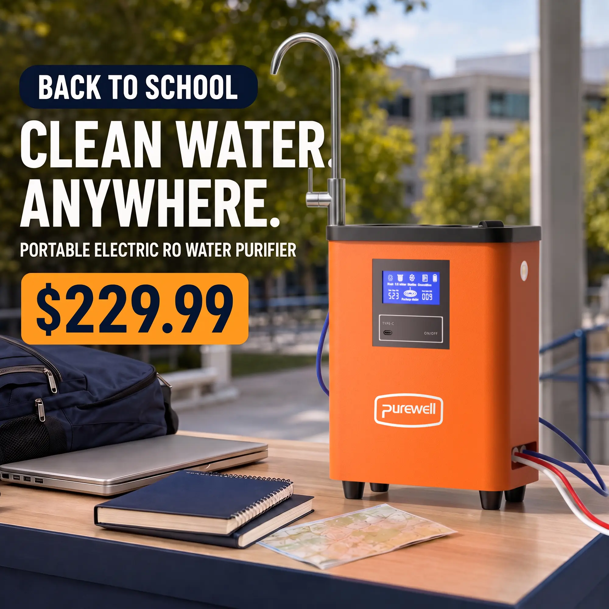 Purewell Portable RO Water Purifier with Smart TDS Display, Type-C Charging, for RV, Camping, Boating, Outdoor Travel and Emergency Backup