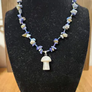 Handmade Crystal Necklace made from Labradorite, and Lapis Lazuli with a Labradorite Mushroom Pendant