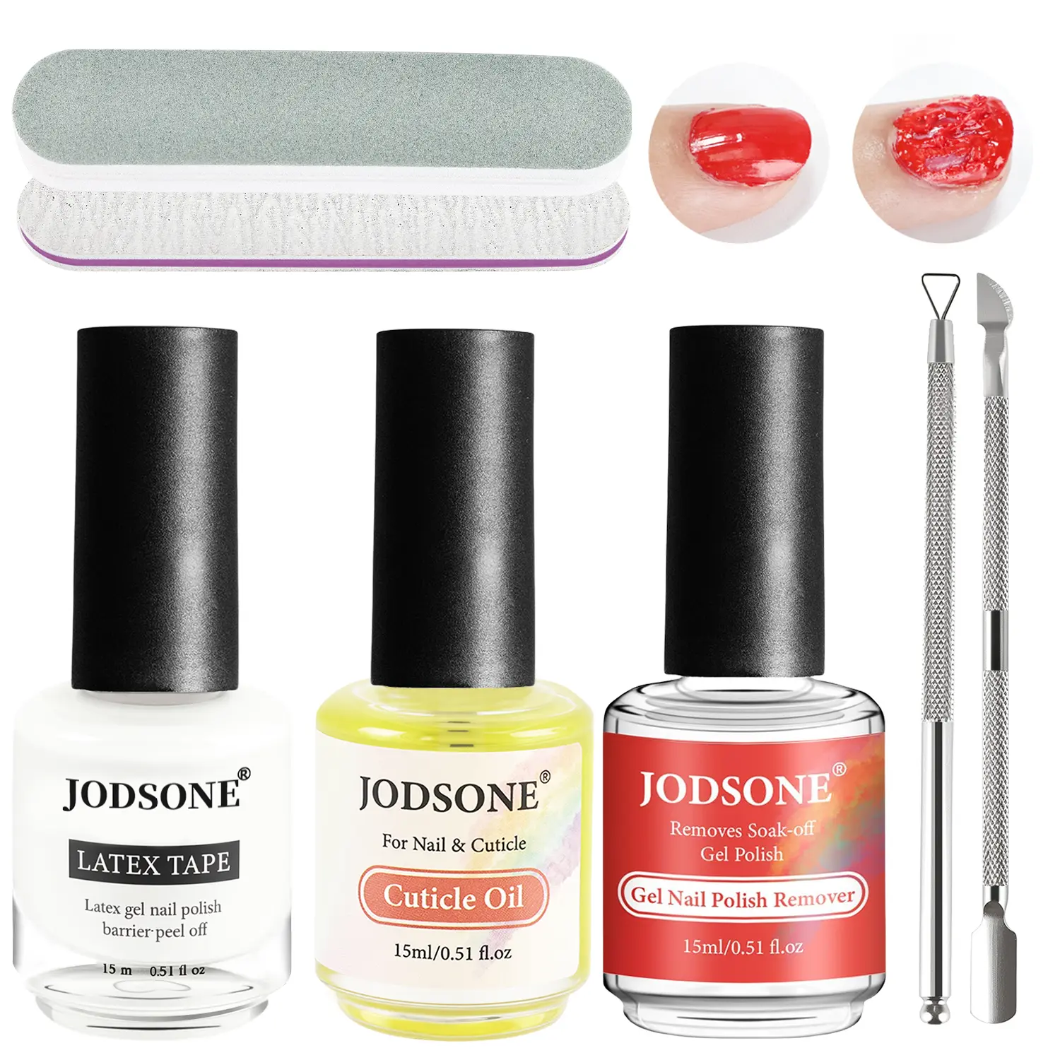 JODSONE No-Soaking Quick-Acting Gel Nail Polish Remover Kit - 15ml Remover, Cuticle Oil for Nail Moisturizing, Latex Tape, Complete Manicure Tools for Removal & Care, Quick-Acting Gel Remover