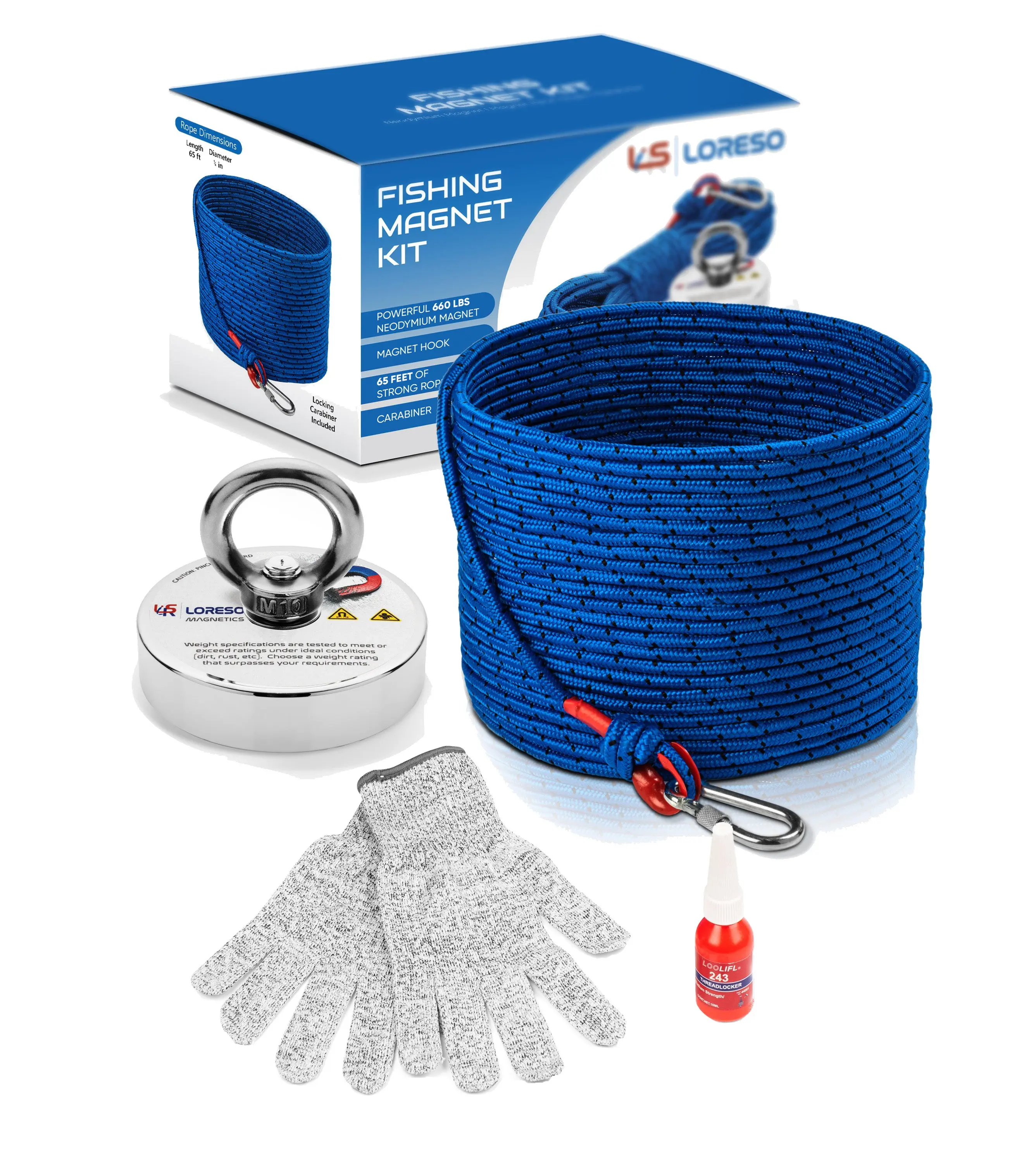 Loreso Magnet Fishing Kit with Rope - 660 lbs Pulling Force Single Sided Neodymium Salvage Magnet for Magnet Fishing + 65 FT Magnet Fishing Rope + Carabiner, Super Strong Treasure Hunting Magnet