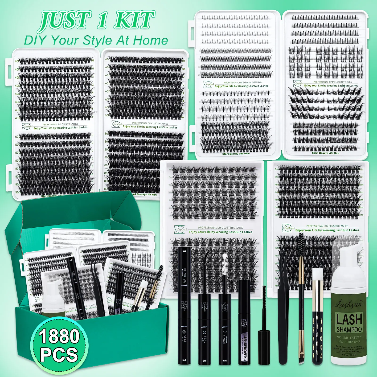 1880 PCS Lash Clusters, Cluster Eyelash Set, Cosmetic Lash Extensions Set D Curl 13 Styles with Bond&Seal Lash Remover Lash Brush Lash Applicator Lash Shampoo Brush, Eyelash Tools, Suitable for Beginners & Proficient, Easy DIY at Home, Daily Makeup