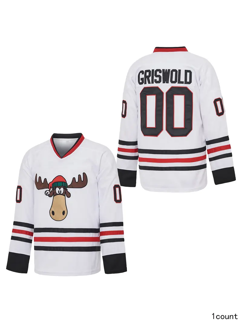 Men's Griswold Vacation Jersey griswold moose clark sunday hockey shirt Man #00 Griswald Hockey Movie Jacket - Christmas Holiday Sports Jacket White Stitched Style with Moose Logo