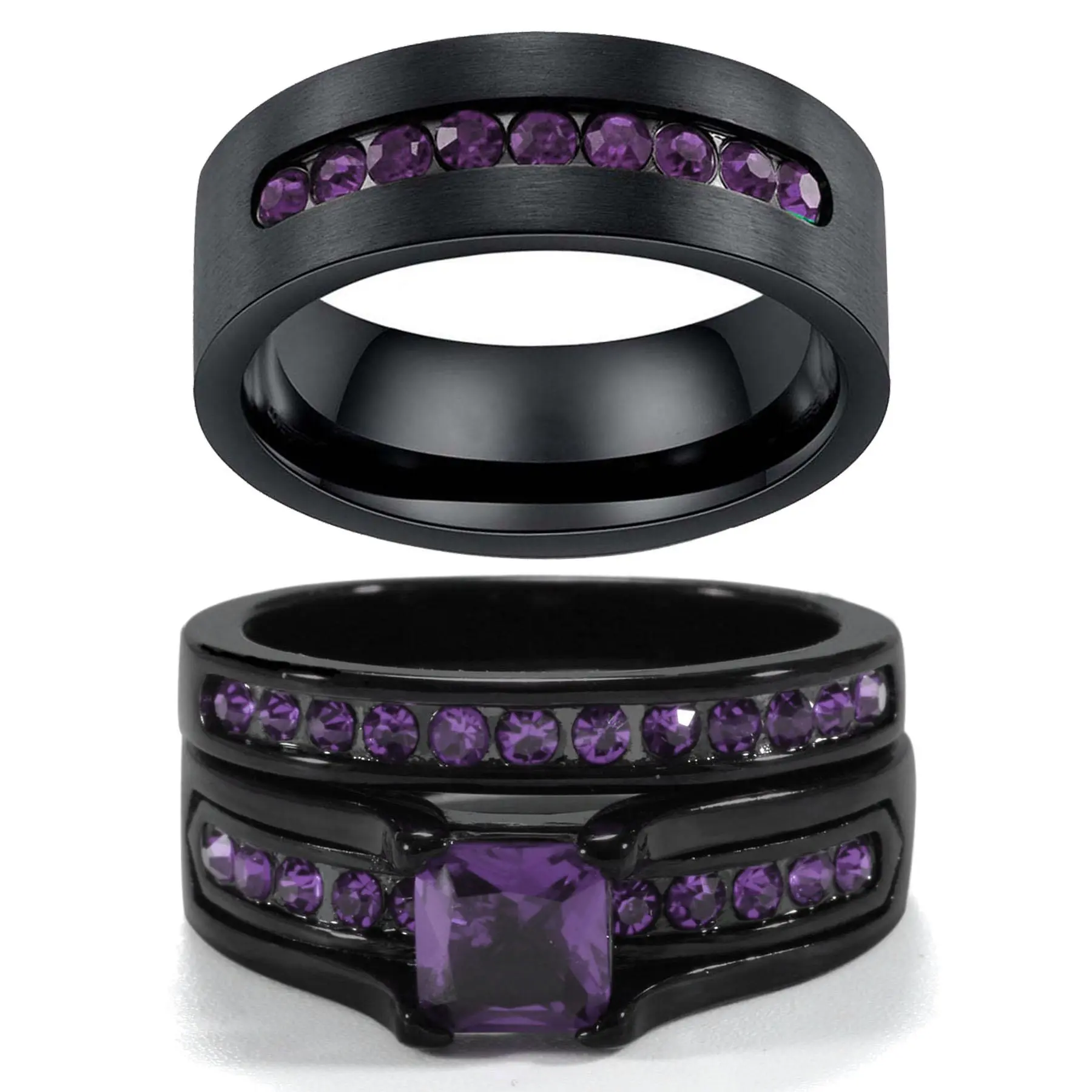 Couple Rings His Her Wedding Ring Sets Matching Rings Purple CZ Black Rings Titanium Men Ring