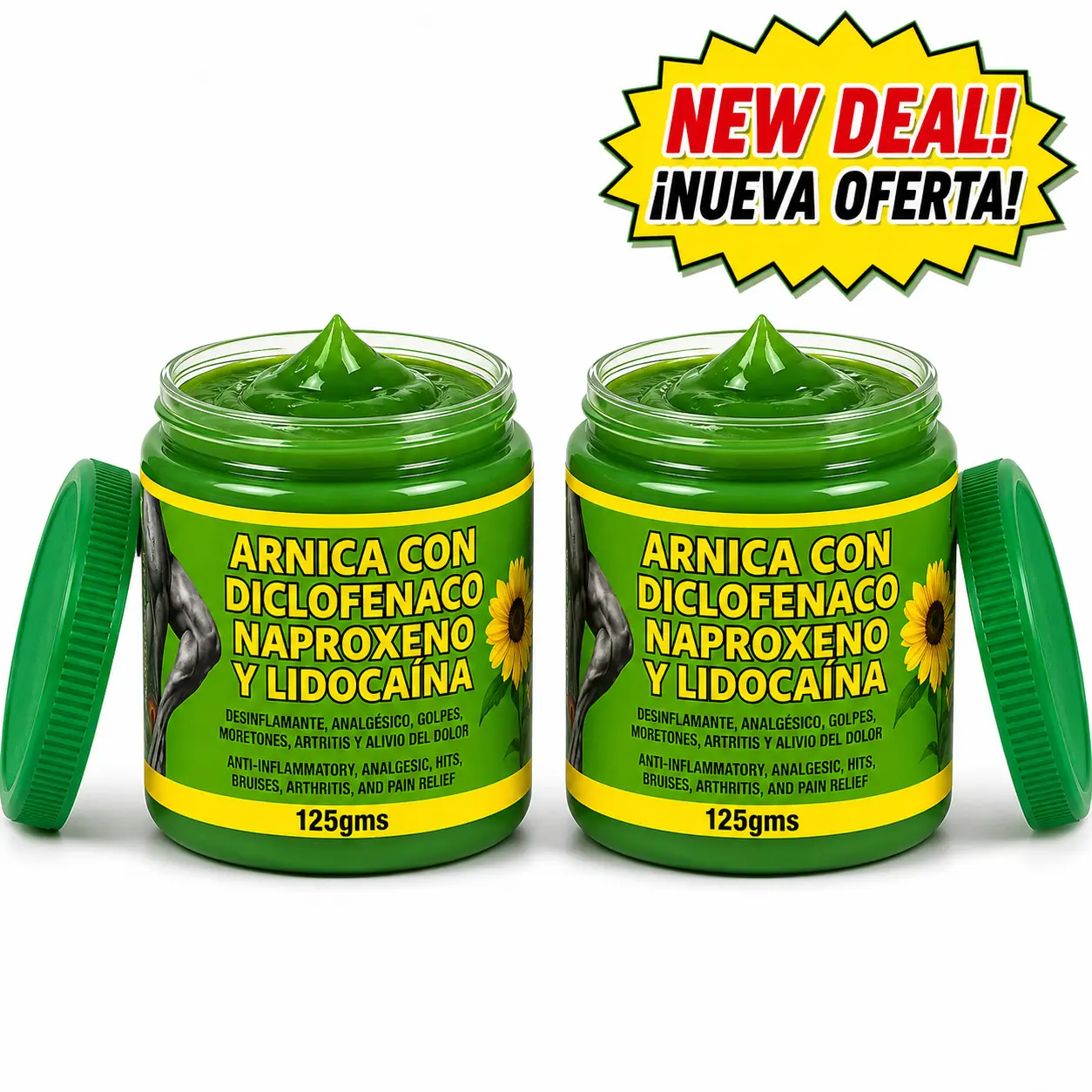 2 Arnica Pomada Muscular 125g x2 - Herbal Massage Balm with Diclofenac Naproxen & Lidocaine - Non-Greasy Formula for Bruises Arthritis Pain Relief - Natural Treatment for Full Body Care