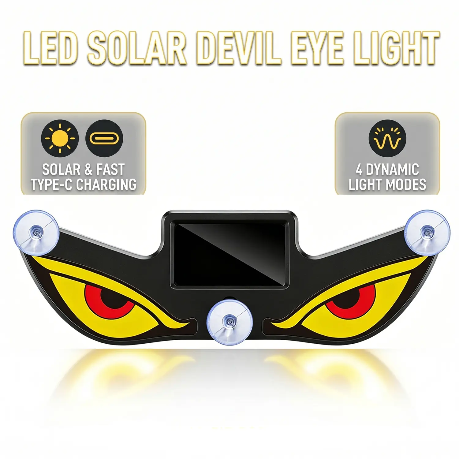 RGB Universal LED Devil Eye Car Light Set - Type-C Rechargeable Solar Dual-Wireless Pro Pair, 4 Dynamic Light Modes, 13.5 cm Width, 3 Suction Cups, 1 USB-to-Type-C Charging Cable, Automotive Interior Decorative Warning Fixture, Car Ambient Light