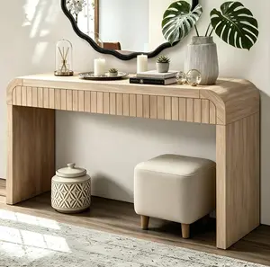 59'' American Farm Vintage Side Table with Hidden Handle Drawers Natural Wood Washed Easy Assembly for Hallway Living Room & Dinning Room