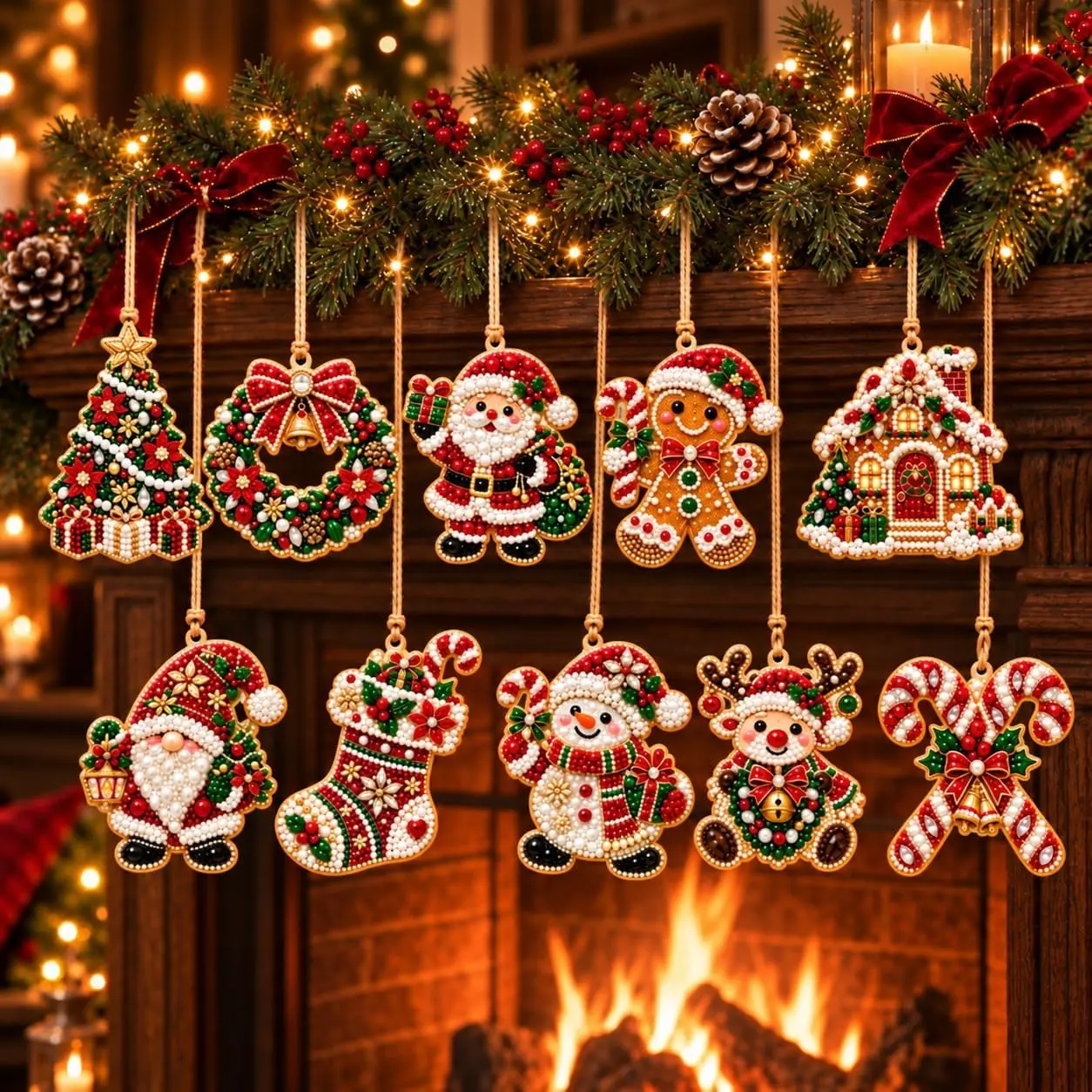 10PCS DIY Christmas Diamond Painting Ornaments Kit-  Natural Wooden Base, Handmade Holiday Decor & Perfect Gift for Adults, Create sparkling keepsakes!