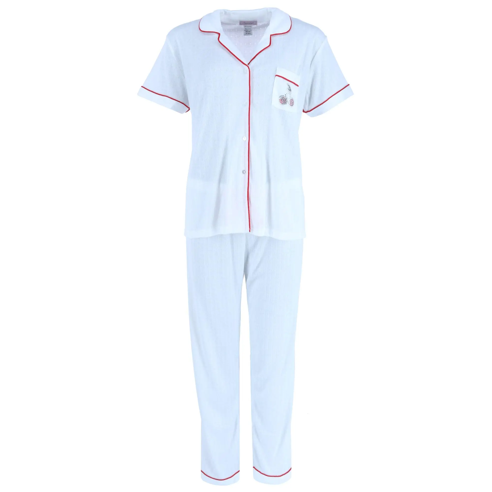 Women's Pointelle Pajama Set, 2-Piece Loungewear with Notch Collar Shirt, Cherry Rhinestone Accent and Long Pants, Shortsleeve, Pocket