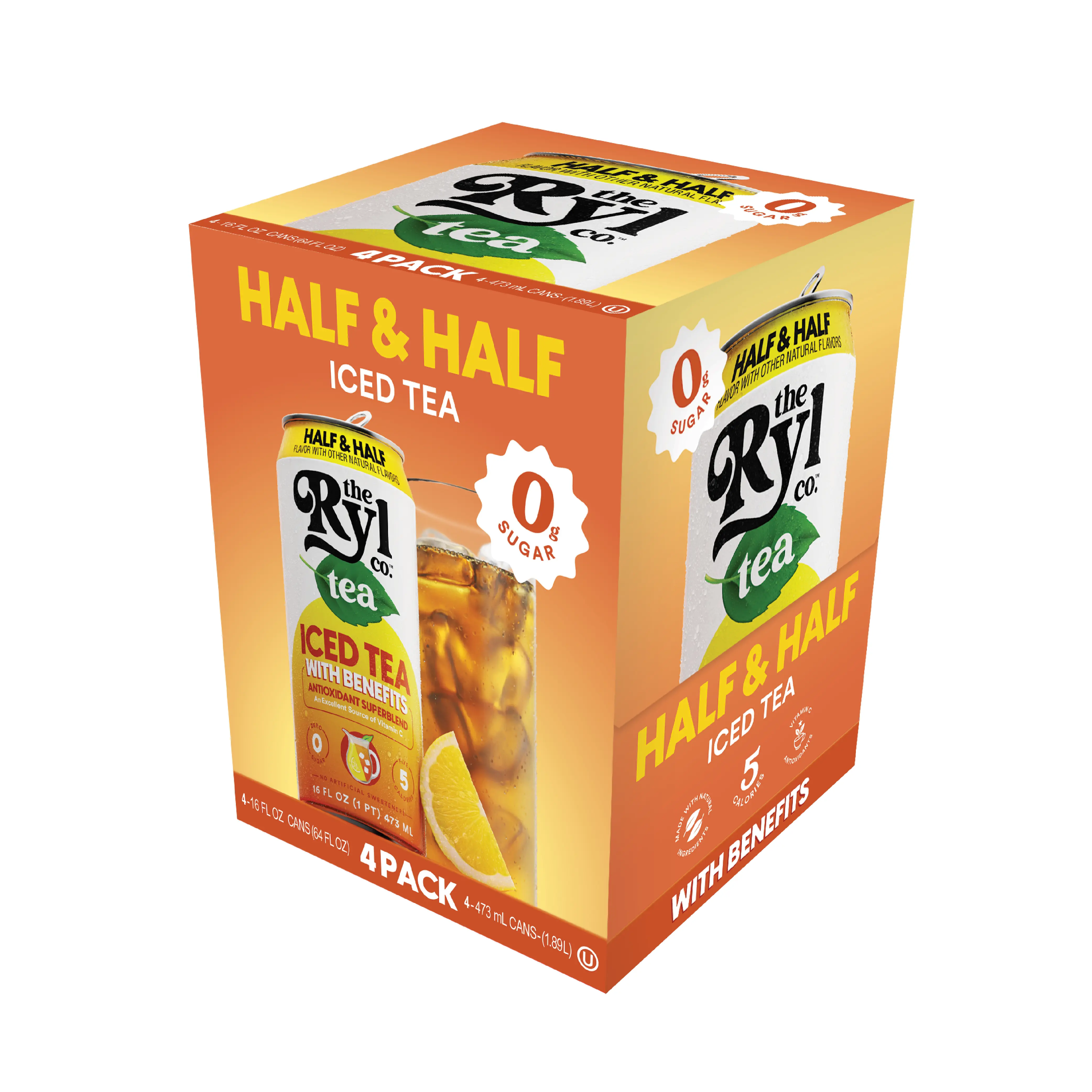 Ryl Iced Tea- Half Iced Tea & Half Lemonade- 0 Sugar, Antioxidant Superblend, Low Calorie, Low Carb, Non-GMO, Kosher, Gluten Free, Made in the USA, 4-Pack, 16 Fl Oz