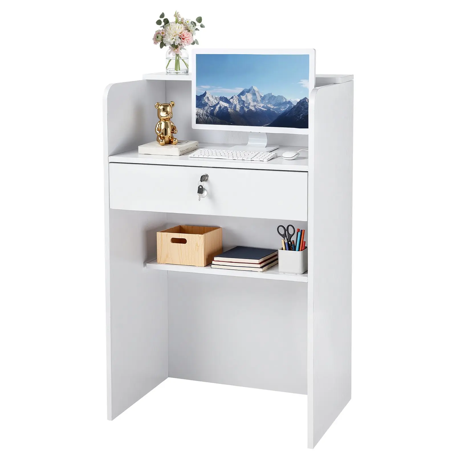 【DealsForYouDays】VEVOR Reception Desk, 23.6 inch Rectangular Front Counter Table, Modern Office Reception Desk with Drawer, Small Minimalist Retail Counter Table for Checkout, Lobby, Beauty Salon and Office, White