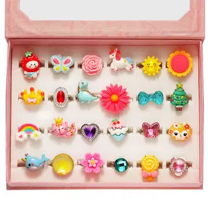 Kids Gifts Adjustable Ring 24P Pink Sheet Cute Rings for Girls - Pink Theme, Nickel Free, Safe Materials, Suitable for Ages 3-8, Birthday Gift