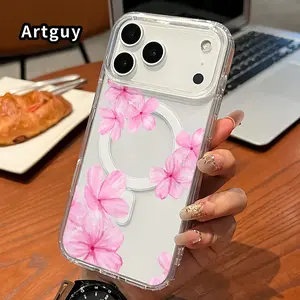 Magnetic Phone Case for iPhone 17 15 Plus 16 Pro Max Air E 14 13 12 11 X XS XR  Pink Petal Poetry  Pattern Flexible Premium Stylish Transparent Protection Case