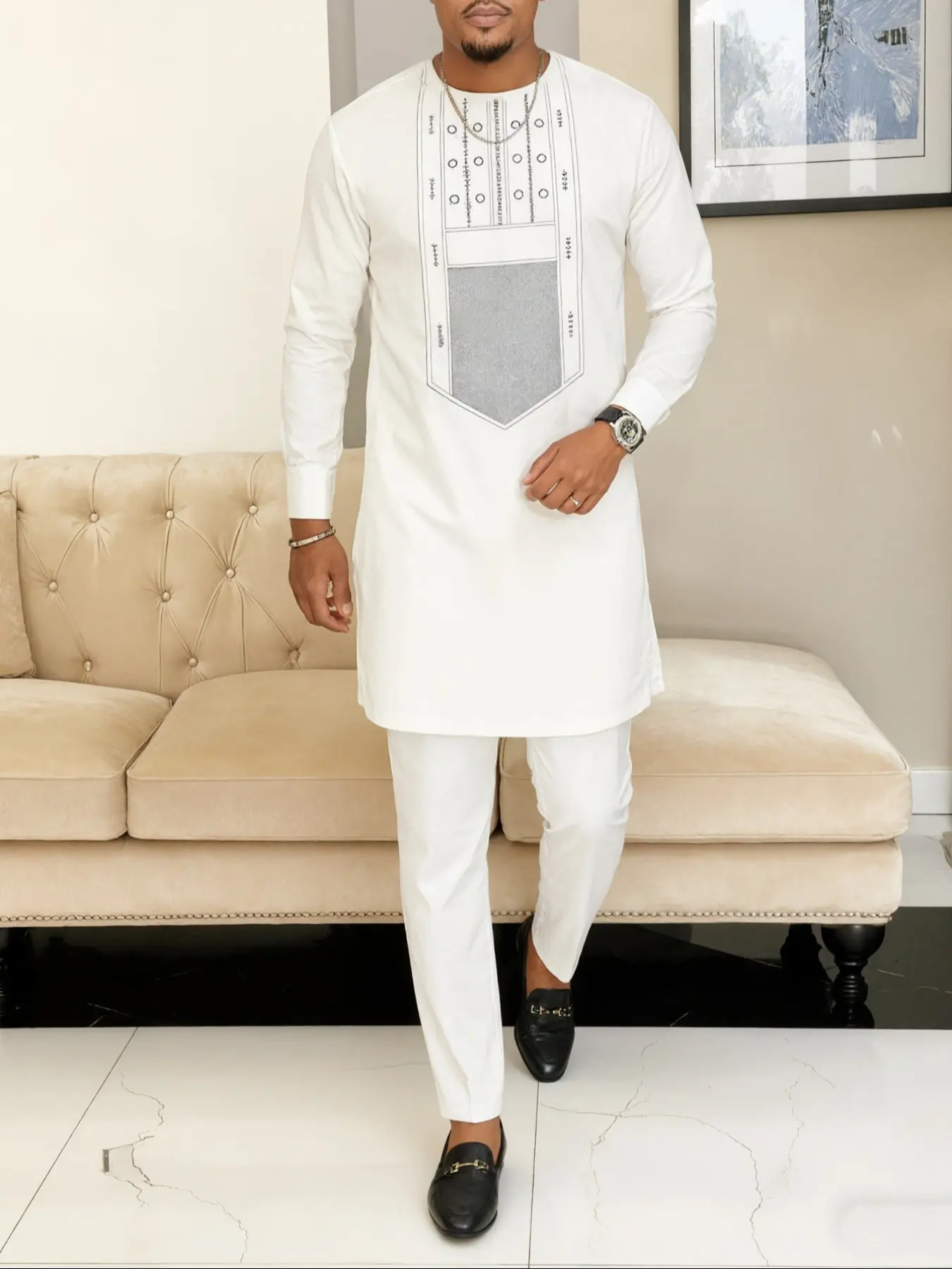 Men's Islamic Muslim Style Modesty Kaftan Set, Round Neck Long Sleeve Embroidery Design, Cultural Aesthetics, Casual African Clothing for Weddings Festivals Business Fasting Gifts