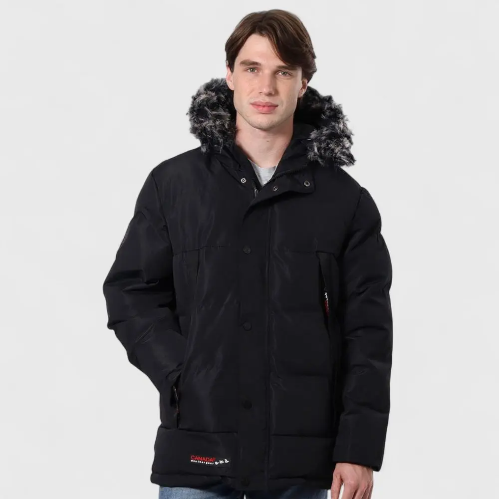 Canada Weather Gear Men's Heavyweight Parka Jacket with Removable Hood - Water-Resistant Winter Puffer Coat - Black - Xlarge, Polyester, Fabric, Garment