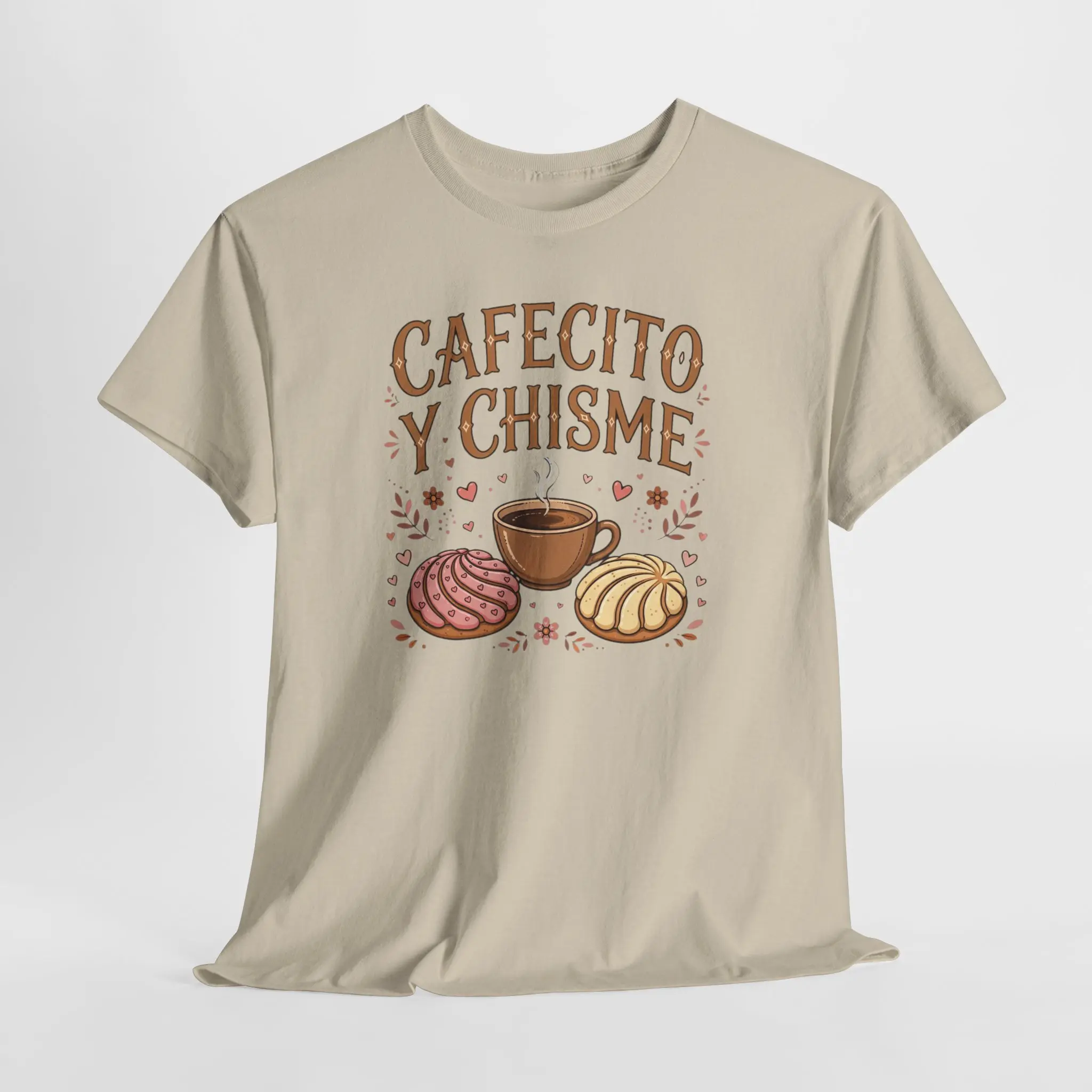 Cafecito y Chisme T-Shirt | Coffee Cup with Conchas Design