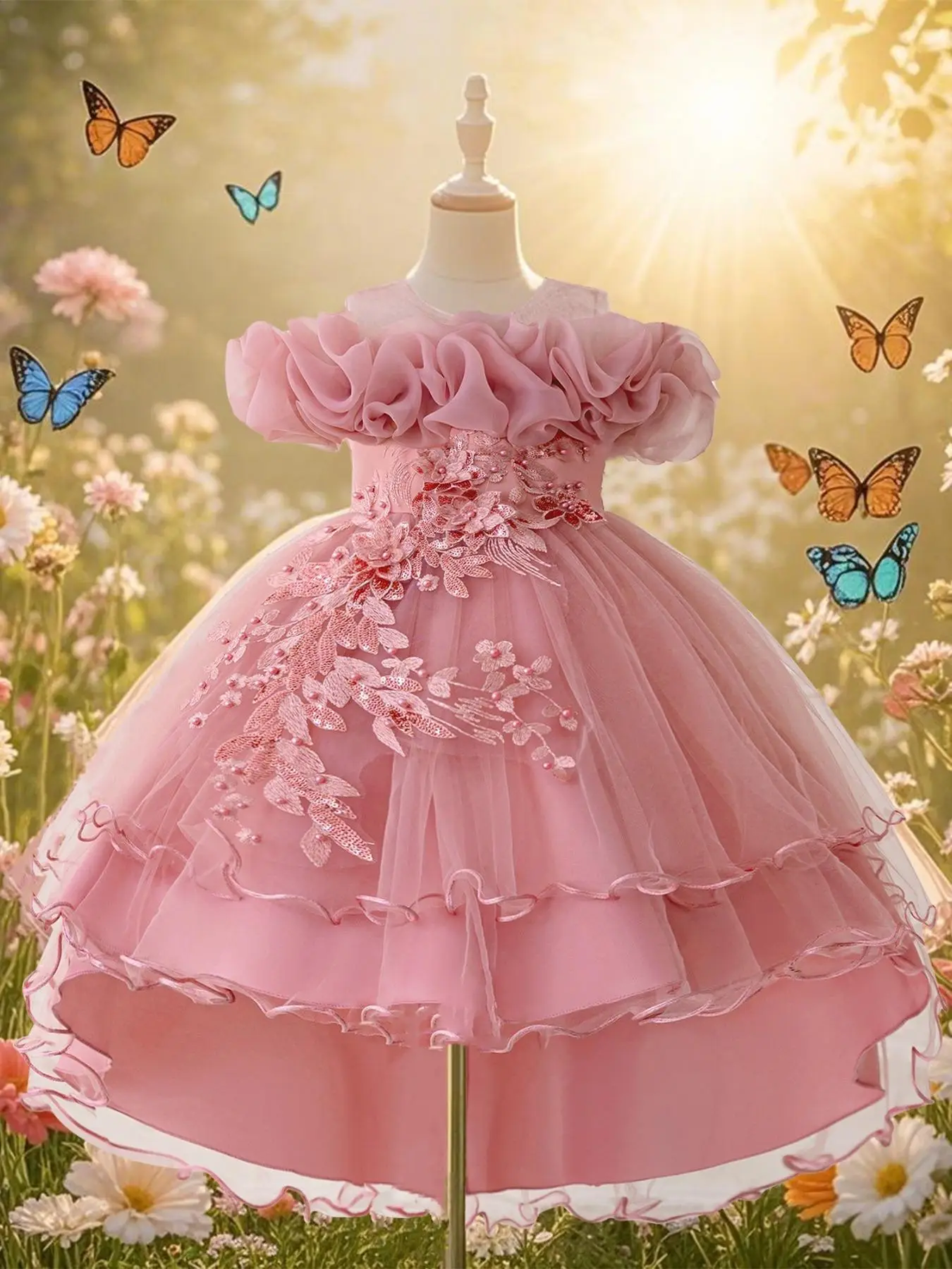 Girl's Sequin Decor Multi-layer Tulle Party Dress, Elegant Butterfly Sleeve Square Neck Dress for Performance Wedding Guest, Kids Clothes for All Seas