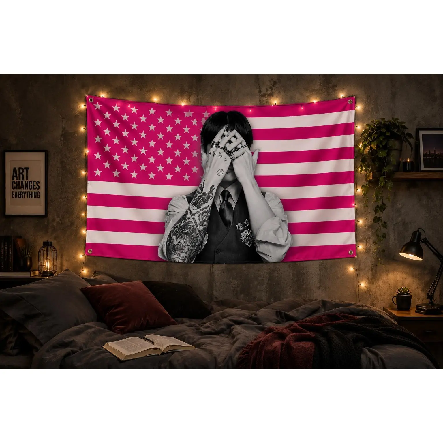 Kpop Idol Inspired Wall Flag, Dark Hooligan Room Decor Tapestry, Pink Aesthetic Banner Gift for ARMY Fans, Birthday Gift