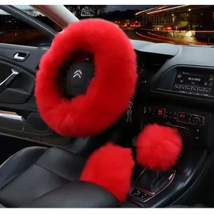 3Pcs/Set Winter Wool Car Steering Wheel Cover Long Australian Wool Heated Fur Steering Wheel Cover Handbrake Gear Shifter Cover Baisher