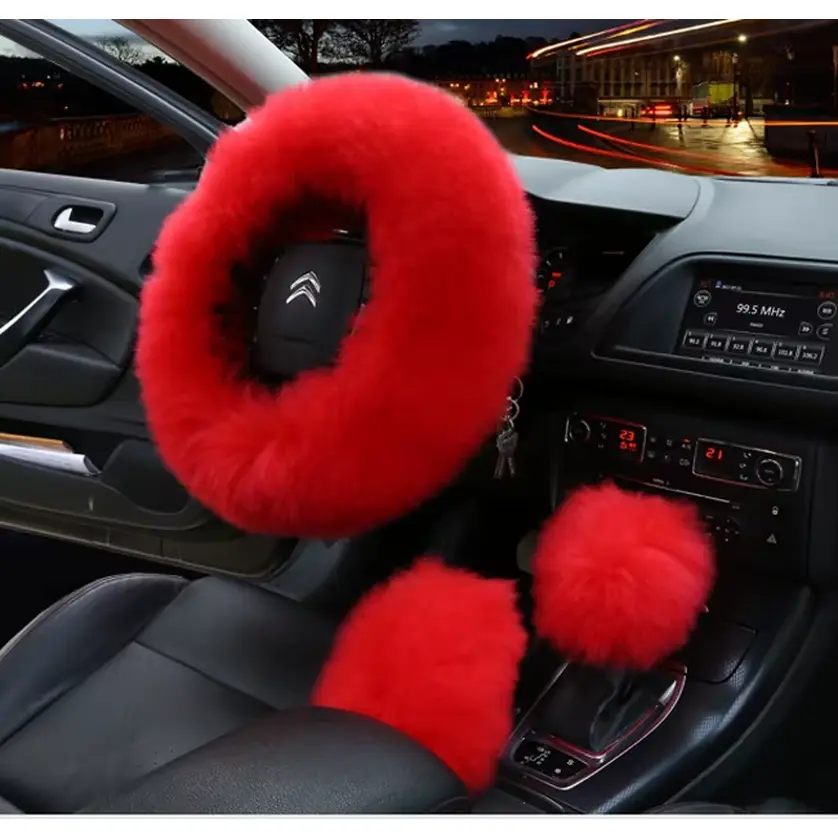 3Pcs/Set Winter Wool Car Steering Wheel Cover Long Australian Wool Heated Fur Steering Wheel Cover Handbrake Gear Shifter Cover Baisher
