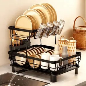 Dish Drying Rack, 2 Tier Large Dish Drying Rack for KitchenCounter with Drainboard Stainless Steel Dish Drainer forDish/Knifes/Cup, Foldable Tableware Drain Storage Rack,Kitchen Accessories, Home Decor,Black