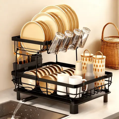 Black 2-Tier Large Rust-Proof Stainless Steel Foldable Dish Drying Rack - Double Drainer Drip Rack with Coated Metal Holders, Extendable Spout, Spill-Free Sink Steel Draining Boards, Kitchen Counter Organiser Accessories for Dishes, Utensils, Knives, Cups