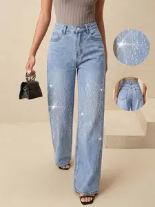 Women's Rhinestone Denim Wide Leg Jeans, Button High Waist Loose Fit Long Pants, Spring 2026 New Fashion, Trendy, Slimming, Chic and Elegant, Womenswear