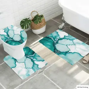 1/3Pcs Abstract Fluid Art with Teal and White Shades Bathroom Mat Set, Flannel Non Slip Bath Rug, Toilet U-Shape Mat, Toilet Lid Cover, Thickened Soft Absorb Water, Microfiber Surface Memory Foam Cushion, Bathroom Floor Mat, Bathroom Decorative Mat, Home