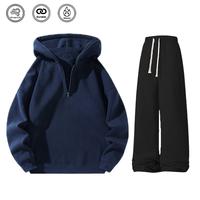 Blue top + black trousers