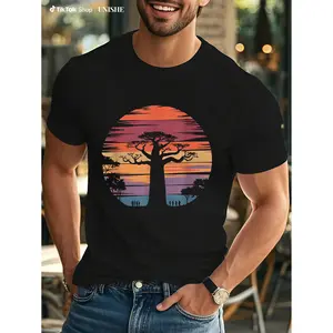 Comfortable Men's Baobab Tree Sunset Tee – Vibrant African Print, Regular Fit Cotton