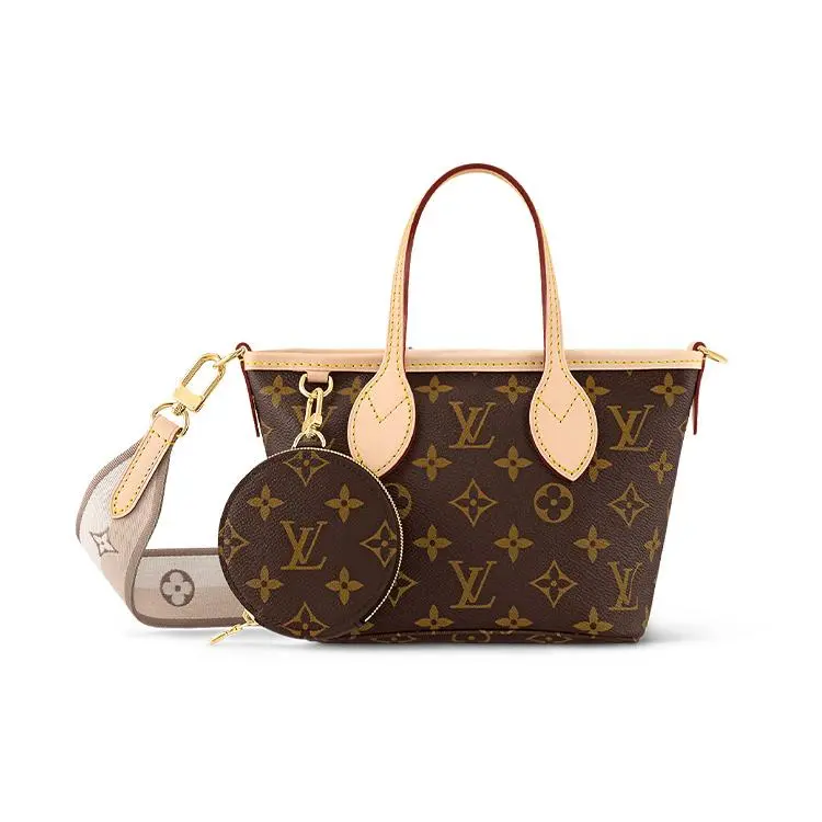 Women's Louis Vuitton Neverfull BB Coated Canvas Tote Bag - Brown, Leather Trims, Removable Adjustable Strap, Zipper Closure, Versatile Design