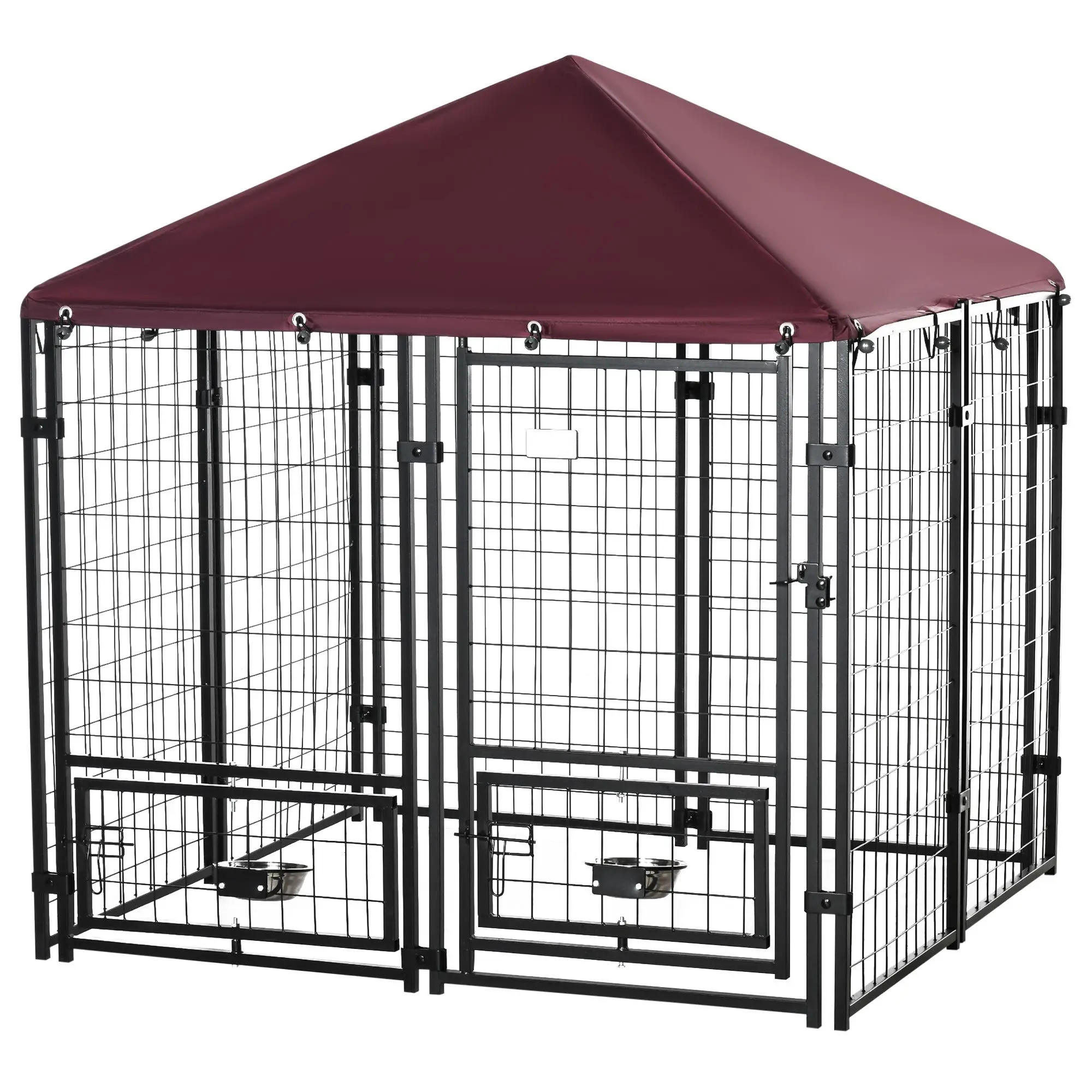 Outdoor Dog Kennel - 4.6' x 4.6' x 5' Red Pet Kennel with Rotating Bowl Holders, Waterproof Cover, Multi-Functional Pet Playpen