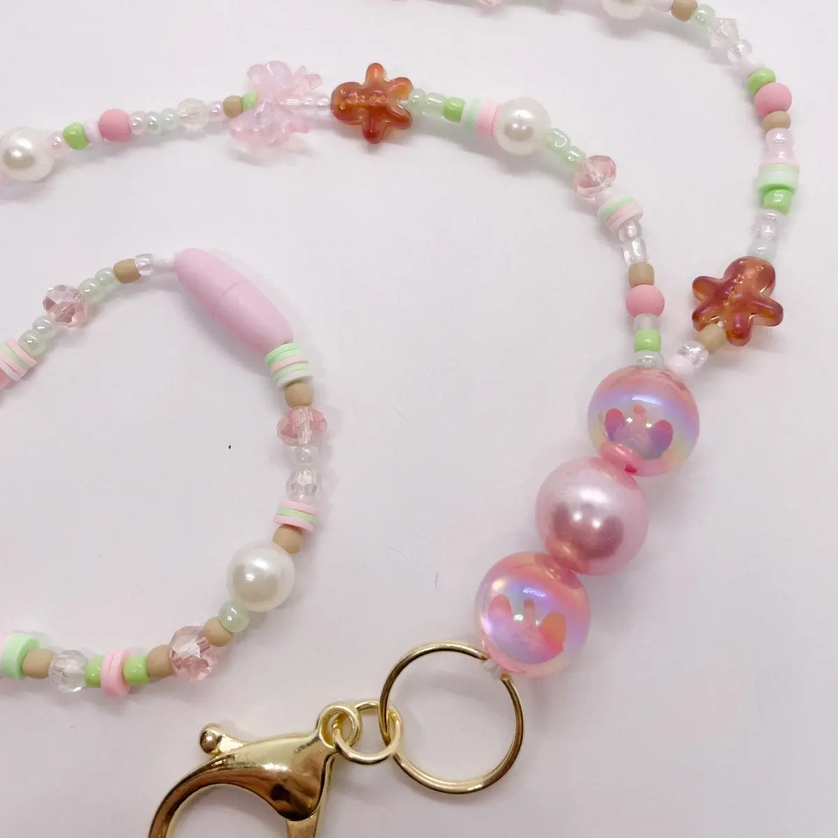Pink/Green Gingerbread Beaded Lanyard
