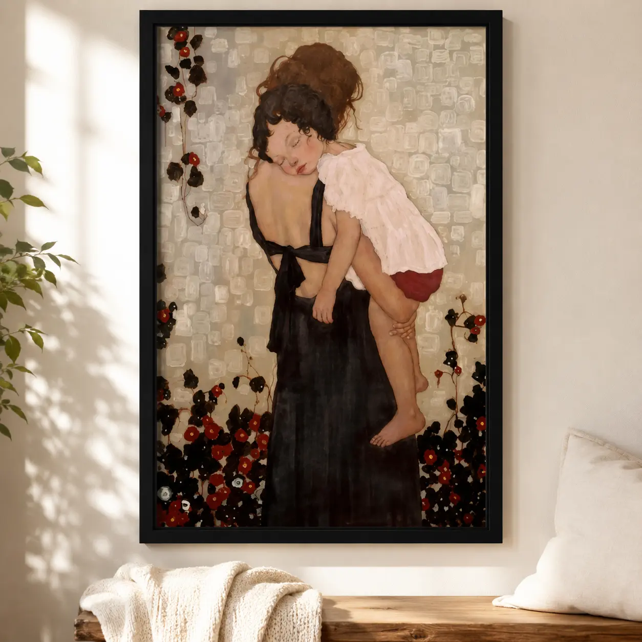 Mother and Child Canvas Print, Art Nouveau Wall Art, Framed Family Love Canvas Decor, Sentimental Gift for Mom, Mother’s Day Gift, Nursery Bedroom Living Room Decoration Poster