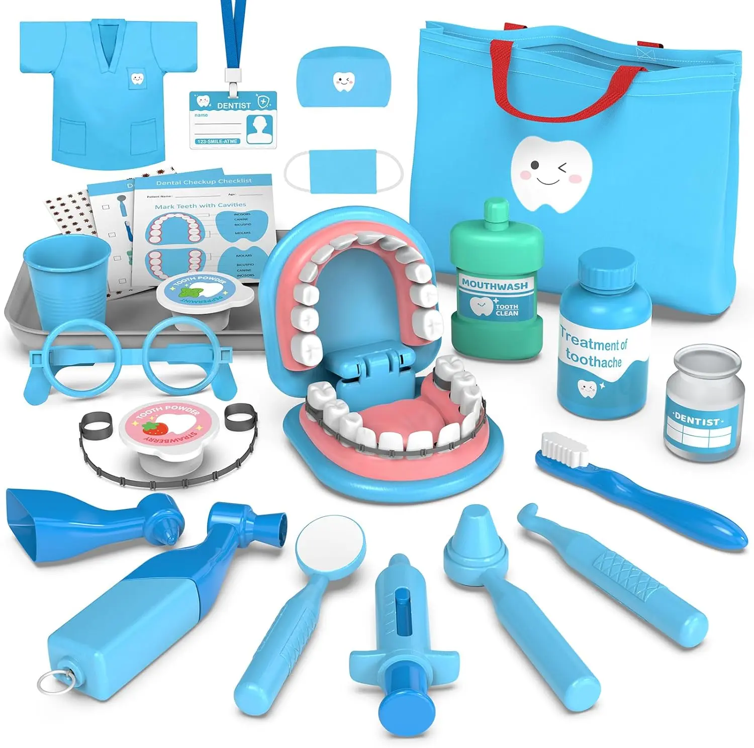 Kids Dentist Play Set with Doctor Costume, Dental Tools & Storage Bag, Pretend Role Play Toy for Toddlers 3+