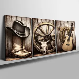 Cowboy Themed Pattern Canvas Painting, 3 Counts/set Western Cowboy Hat & Guitar & Wheel Pattern Wall Art, Wall Decor for Home Living Room Bedroom Office, Ornaments